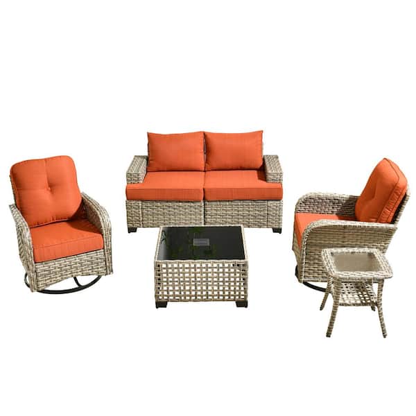 Torino Gray 6-Piece Modern Wicker Patio Conversation Deep Seating Set with Swivel Rocking Chairs and Orange Red Cushions
