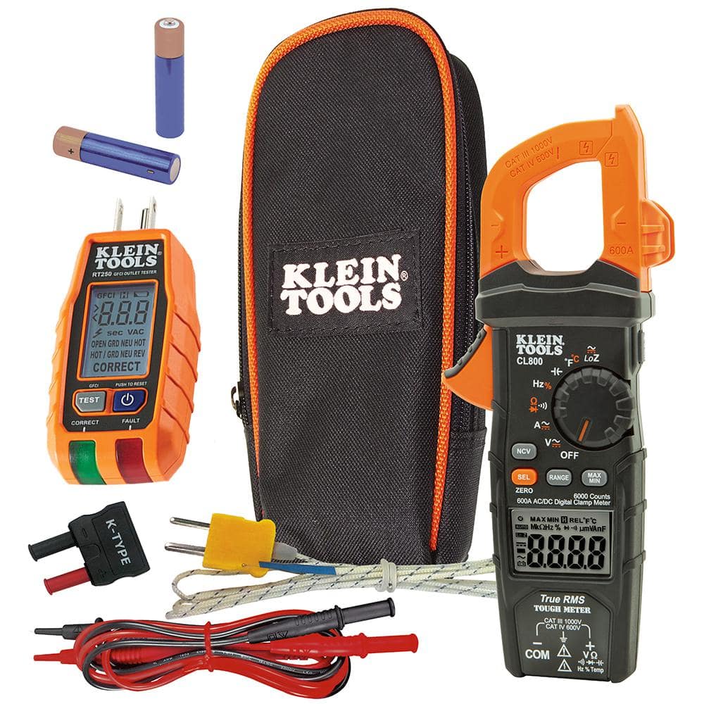 Klein Tools Digital Clamp Meter 600 Amp AC/DC True RMS Auto-Ranging with GFCI Receptable Tester Tool Set -  M2O41529KIT