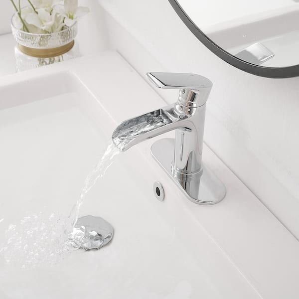 Single Handle Waterfall Bathroom Faucet in Polished Chrome with Deck Plate and Drain