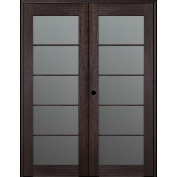 Belldinni Vona 5 Lite 64 in.x 96 in. Right Hand Active Frosted Glass Veralinga Oak Wood Composite Double Prehung French Door