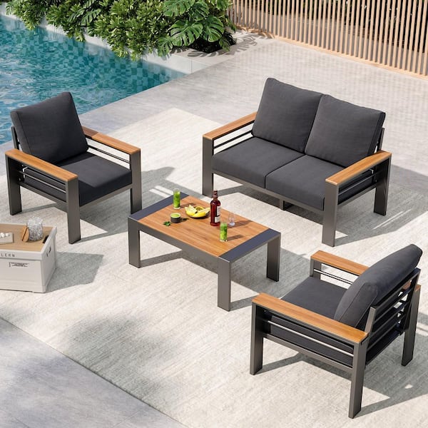 4-Piece Aluminum Patio Furniture Conversation Seating Set with Gray Cushions and Table