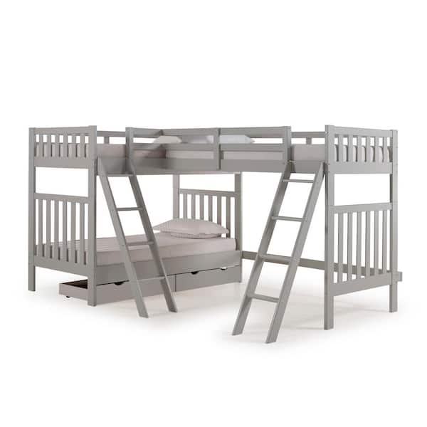 Alaterre Furniture Aurora Dove Gray Twin Over Twin Bunk Bed with Third Bunk Extension and Storage Drawers