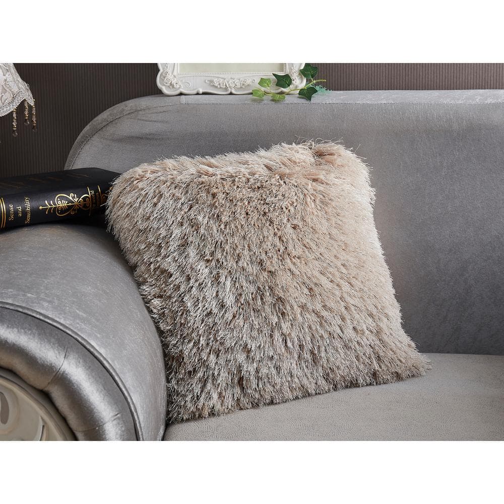 18" Beige Shaggy Hand Tufted Polyester Throw Pillow