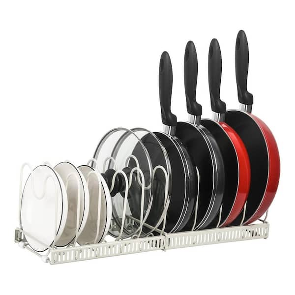 Iron Standing Expandable Pot Rack and Pan Organizer for Cabinet, 10 Adjustable Compartments in White