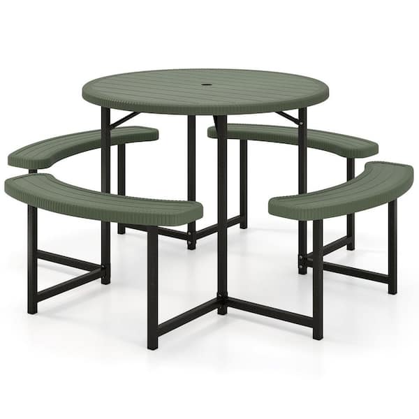 62 in. Green Round Steel Picnic Table Seats 4-8 People with Umbrella Hole