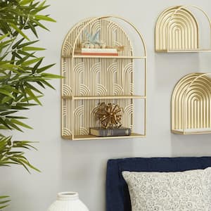 Gold 2-Shelves Metal Wall Shelf with Hooks