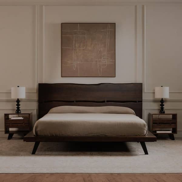 Sterling Dark Brown Acacia and Iron Frame King Platform Bed with Organic Edge Headboard