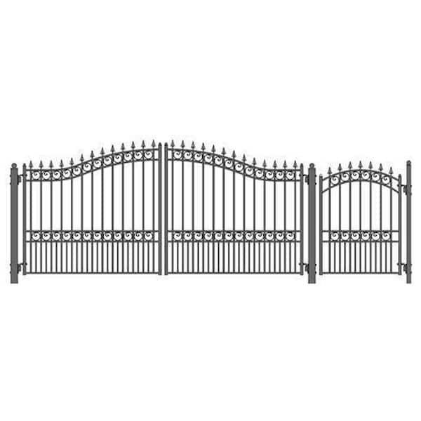 ALEKO London Style 14 ft. x 6 ft. with Pedestrian Gate Black Steel Swing Dual Driveway Fence Gate