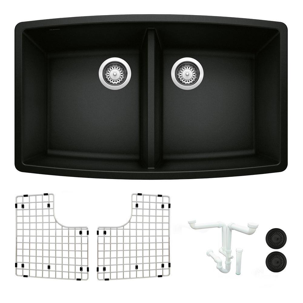 Performa 33 in. Undermount Double Bowl Coal Black Granite Composite Kitchen