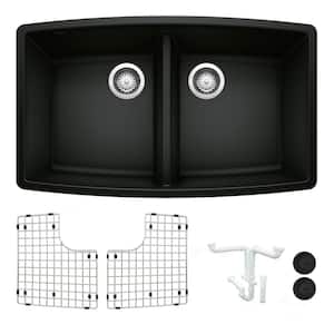 Performa 33 in. Undermount Double Bowl Coal Black Granite Composite Kitchen Sink Kit with Accessories