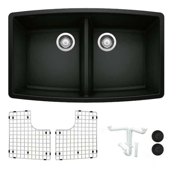 Blanco Performa 33 in. Undermount Double Bowl Coal Black Granite Composite Kitchen Sink Kit with Accessories