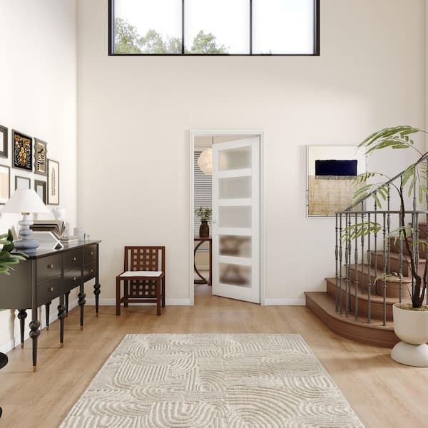 24 in. x 80 in. MDF Composite, Primed, White, 5-Lite, Frosted Glass Interior Door Slab With Black Lever Handle