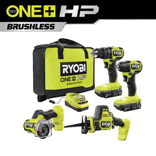 RYOBI ONE+ HP 18V Brushless Cordless Compact 4-Tool Combo Kit with (2) 2.0 Ah Batteries, Charger, and Bag