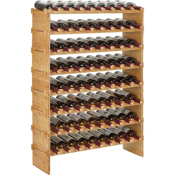 72 Bottles Stackable Modular Wine Rack, 8 Tier Wooden Wine Storage Rack, Bamboo Wine Display Shelves