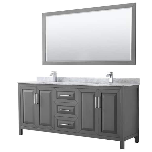 Wyndham Collection Daria 80 in. Double Bathroom Vanity in Dark Gray with Marble Vanity Top in Carrara White and 70 in. Mirror