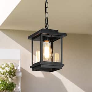 Modern Coastal Black Square Outdoor Pendant 1-Light Hanging Lantern with Clear Glass Shade for Covered Porch Gazebo