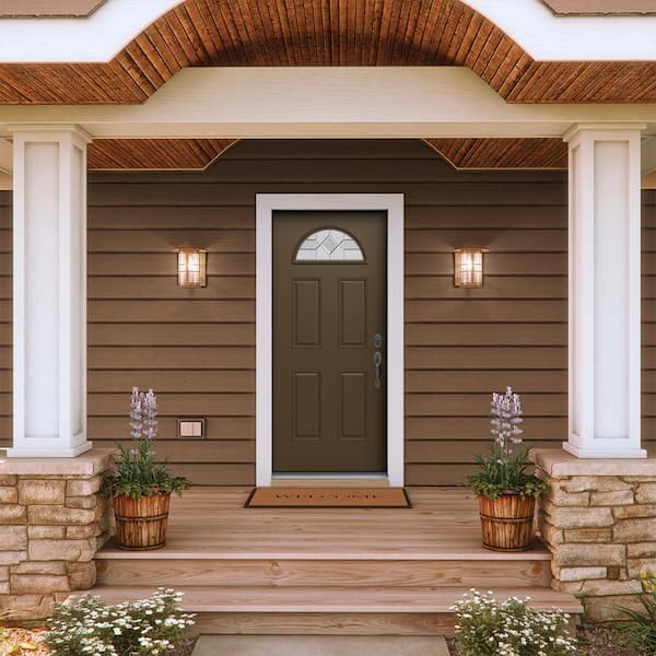 36 in. x 80 in. Left-Hand Fan Lite Caldwell Decorative Glass Dark Chocolate Steel Prehung Front Door