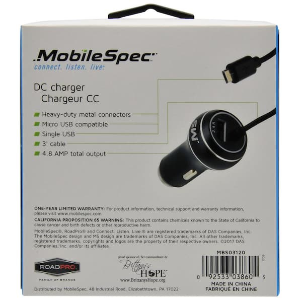 MobileSpec 12-Volt/DC 2.4 Amp USB Charger with Micro USB Cable in Black  MBS03120 - The Home Depot