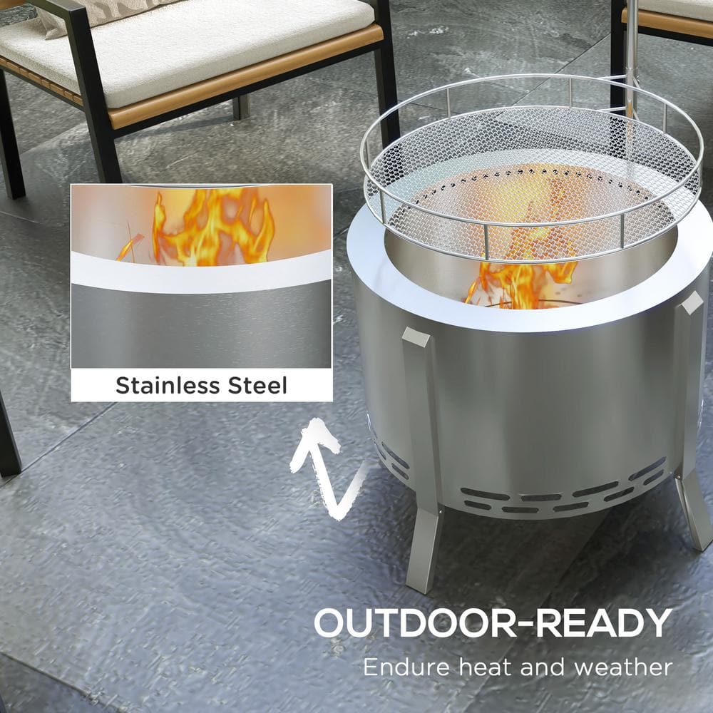 Outsunny 19" Silver Stainless Steel Smokeless Fire Pit BBQ Grill