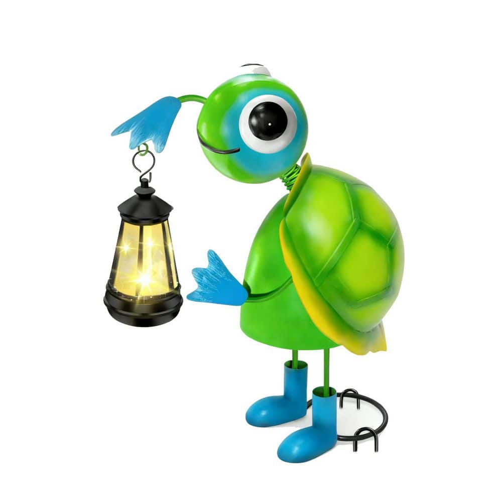 6 in. x 14 in. Green Big Metal Turtle Garden Statue with Solar