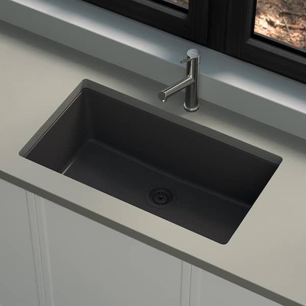 Stonehaven 33 in. Undermount Single Bowl Black Onyx Granite Composite Kitchen Sink with Black Strainer
