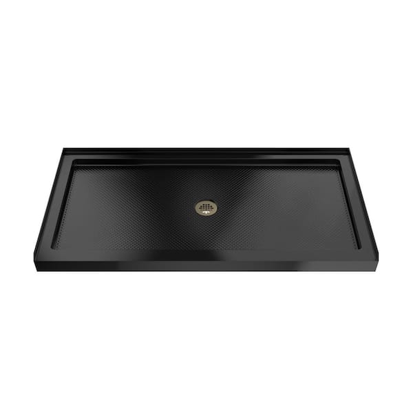 SlimLine 48 in. L x 36 in. W Alcove Rectangular Black Shower Pan Base with 2 in. Round Center Drain in Brushed Brass