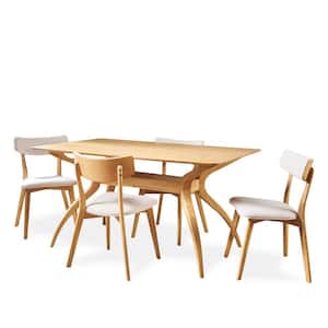 Nissie 5-Piece Light Beige Fabric Upholstered and Natural Oak Wood Dining Set
