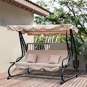 3-Seat Light Brown Outdoor Patio Metal Swing Chair, with Adjustable Canopy, Removable Cushion and Pillows