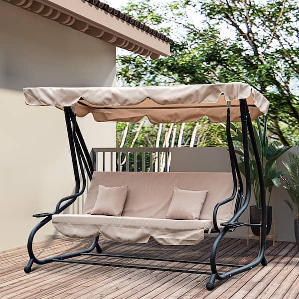 Unbranded 3-Seat Light Brown Outdoor Patio Metal Swing Chair, with Adjustable Canopy, Removable Cushion and Pillows