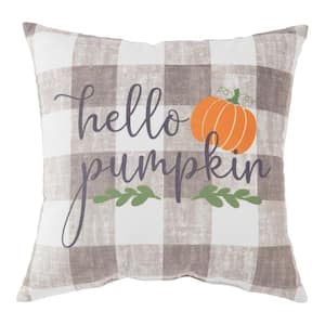 Hello Pumpkin Gray Plaid 18 in. x 18 in. Throw Pillow