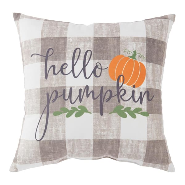 Greendale Home Fashions Hello Pumpkin Gray Plaid 18 in. x 18 in. Throw Pillow