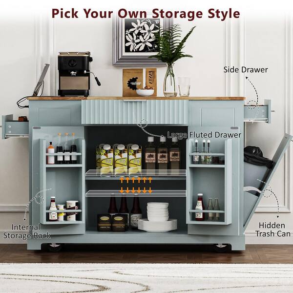 セレクトa Grey Blue Wood Rolling Kitchen Island Bar Cart with 10 Gal. Trash