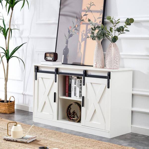 Tatahance White Wooden TV/Storage Cabinet with Two Sliding