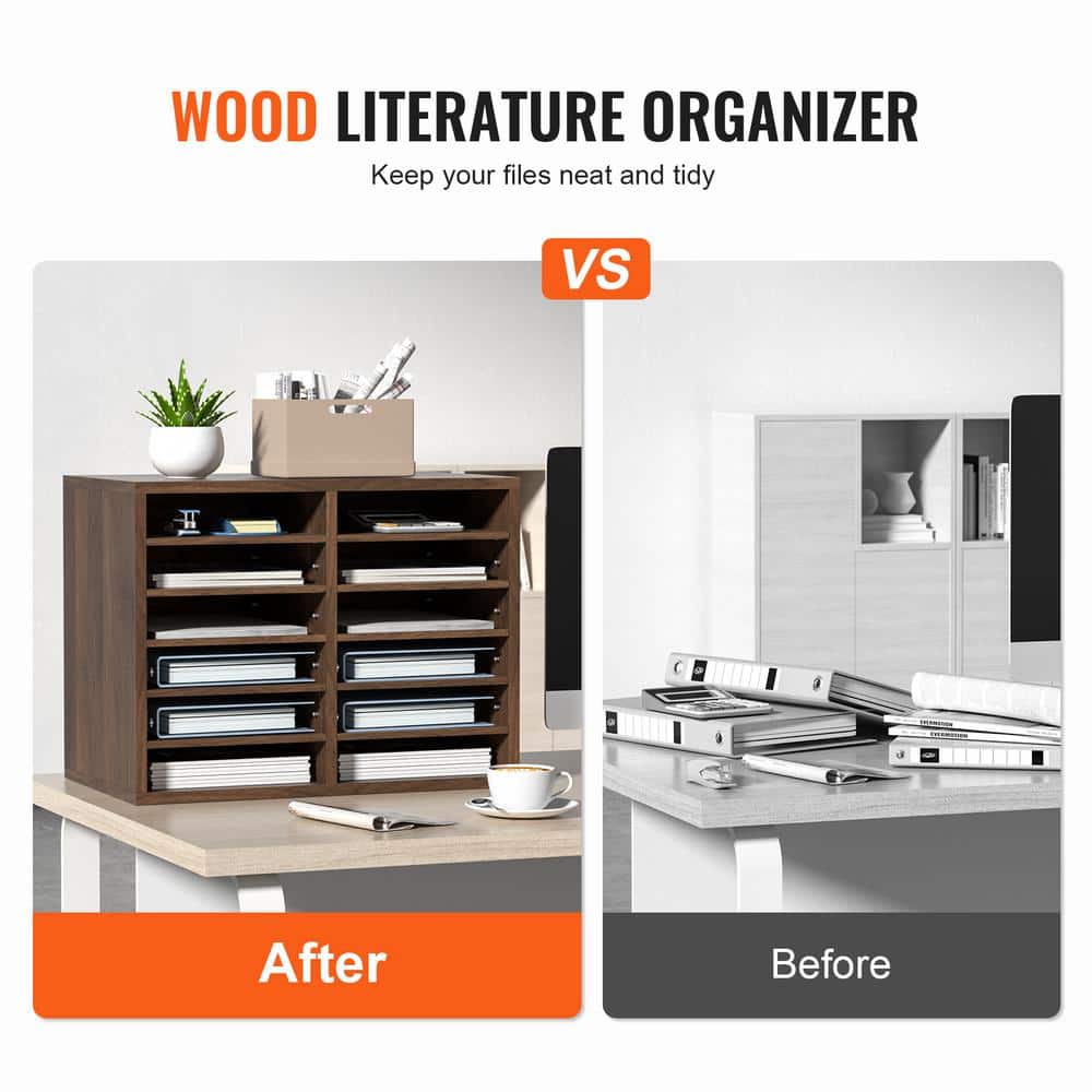 Rustic Brown 12-Compartment Wooden Desk Literature Organizer