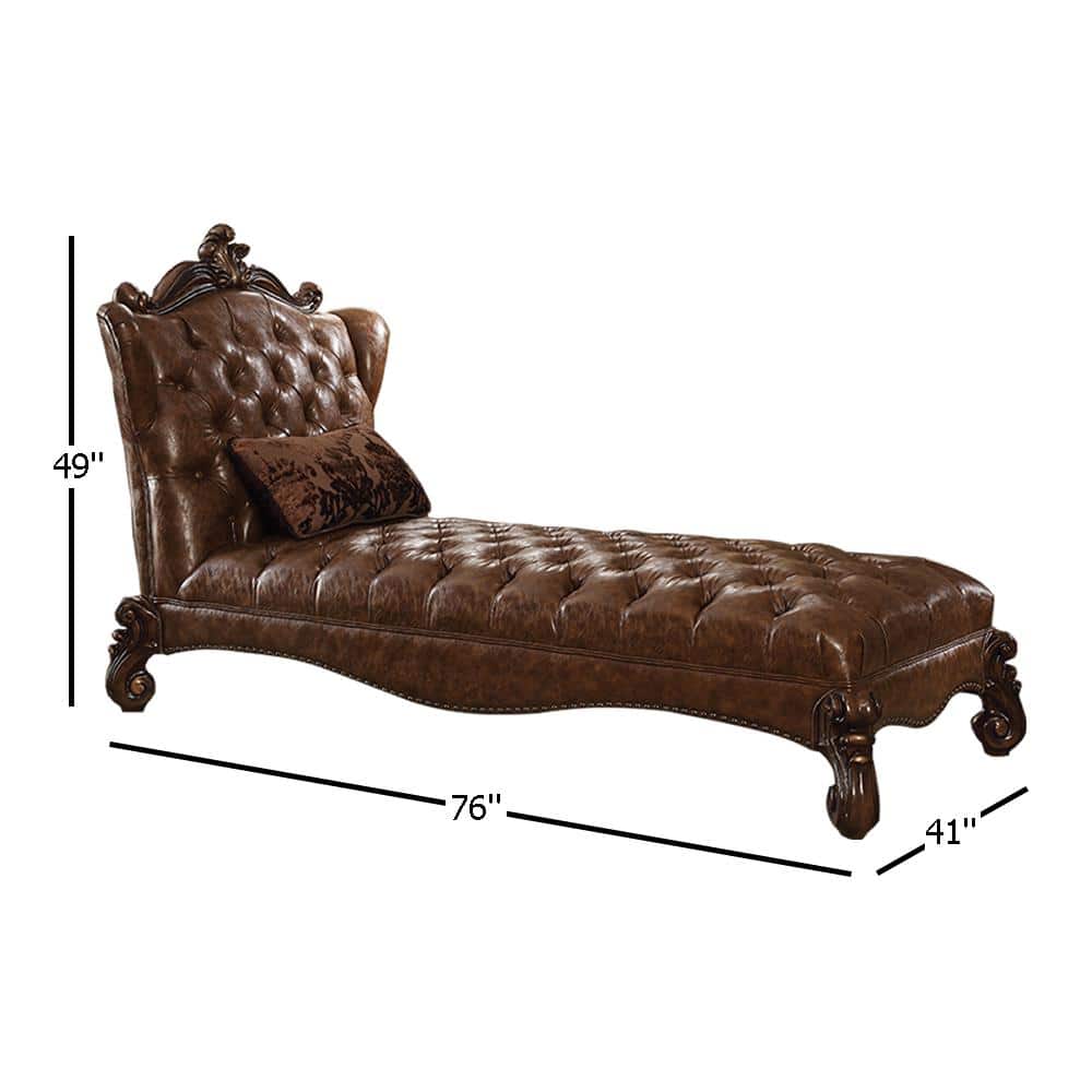 Handcrafted Brown Faux Leather Chaise with Cherry Oak Finish