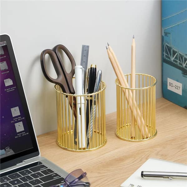 Aoibox 2-Pack Metal Pen Holder Desk Organizer Gold Makeup Brush
