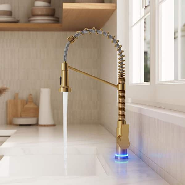 21.26 in. Single-Handle Pull-Down 2-Sprayer Kitchen Faucet LED Base 360° Spout Swivel Commercial in Brushed Gold
