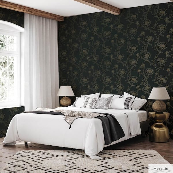 Black and Metallic Gold Peonies Vinyl Peel and Stick Wallpaper Roll (Covers 56 sq. ft.)