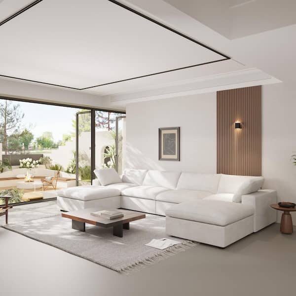 160.5 in. Square Arm Linen 6-Piece U Shaped Free Combination Modular Sectional Sofa with Ottomans in. White