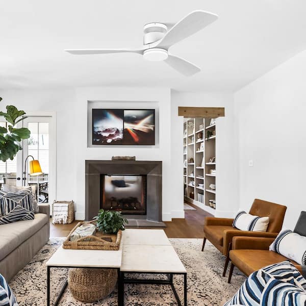 52 in. Smart Outdoor/Indoor White Flush Mount Ceiling Fans with Lights Remote, Voice Control Via WIFI Alexa App