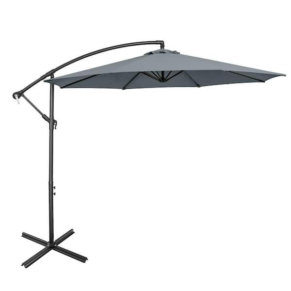 ANGELES HOME 10 ft. Iron Cantilever Tilt Offset Patio Umbrella with 8 Ribs Cantilever and Cross Base Adjustment in Gray