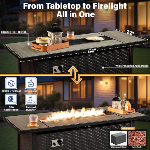 Supery Gray 11-Piece Wicker 54 in. Rectangle Fire Pit Patio Conversation Set with Navy Blue Cushions and Swivel Chairs