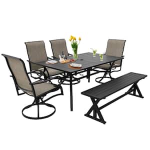 6-Piece Metal Outdoor Dining Set with Bench, Includes 4 Patio Swivel Chairs, 1 Garden Bench and 1 Rectangle Dining Table