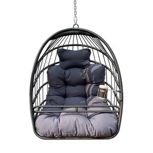 Indoor Outdoor Black Swing Egg Basket Chair without Stand, with Cushion, Foldable Frame, Ceiling Hammock Chair