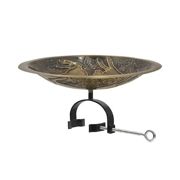 Achla Designs 18 in. Dia Round Antique Finished Brass 3-Hares Birdbath w/Black Wrought Iron Over Rail Bracket, Bronze