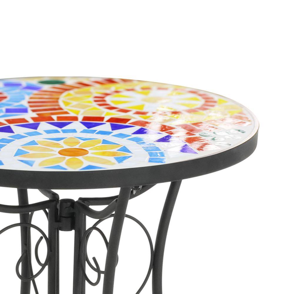 Colorful Ceramic Tile Floral Design Outdoor Accent Table with Black Iron Frame
