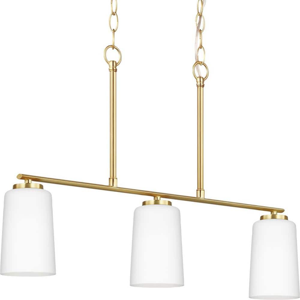 Adley Satin Brass Linear Chandelier with Etched White Glass Shades