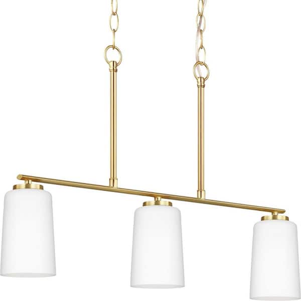 Progress Lighting Adley Collection 3-Light Satin Brass Etched White Glass New Traditional Linear Chandelier