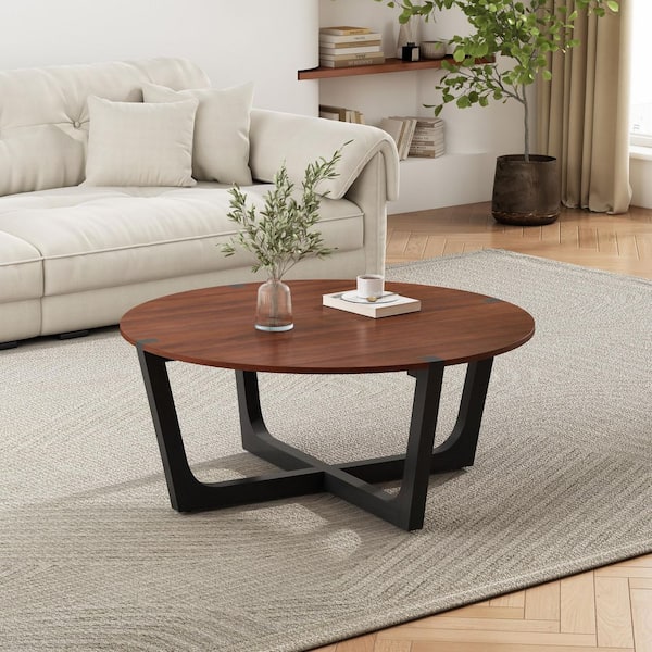 Brandon 44.2 in. W Brown and Black Round Wood Coffee Table with Cross Legs