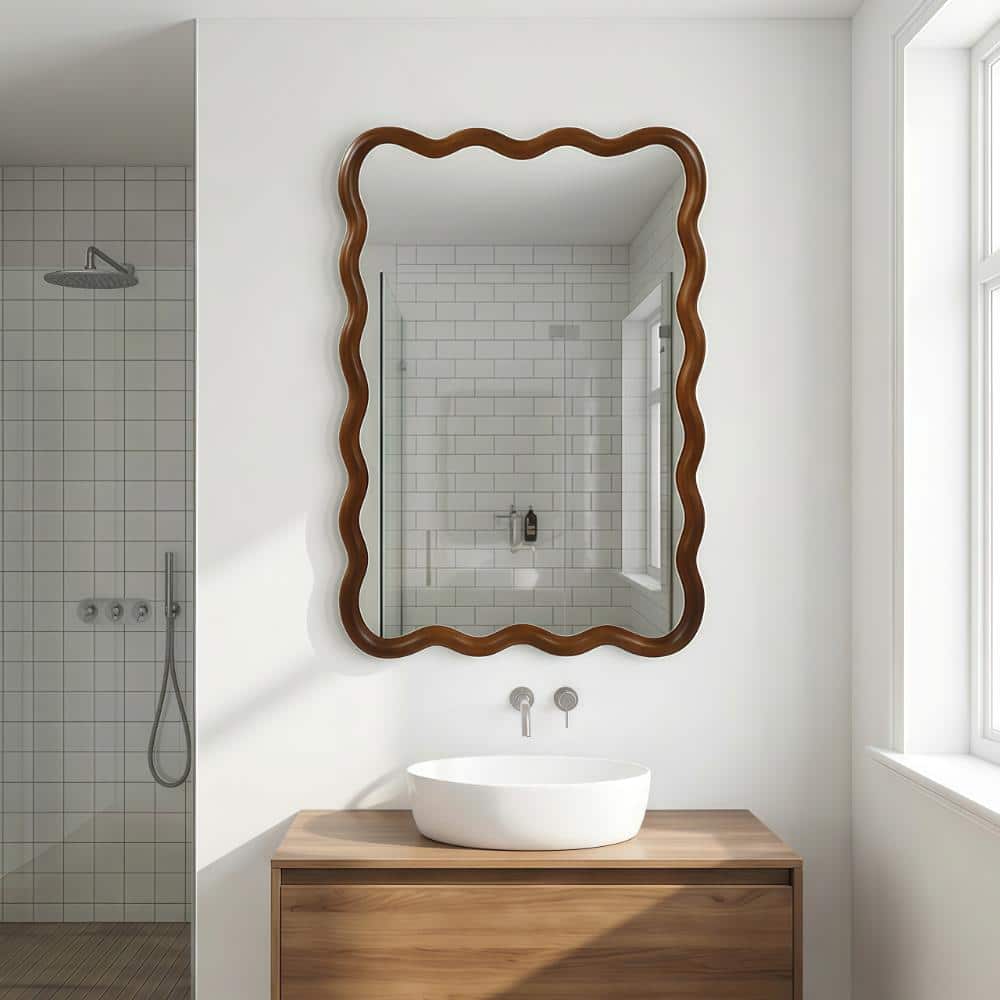 24 in. W x 36 in. H Wood Wavy Rectangle Decorative Mirror in Dark Walnut